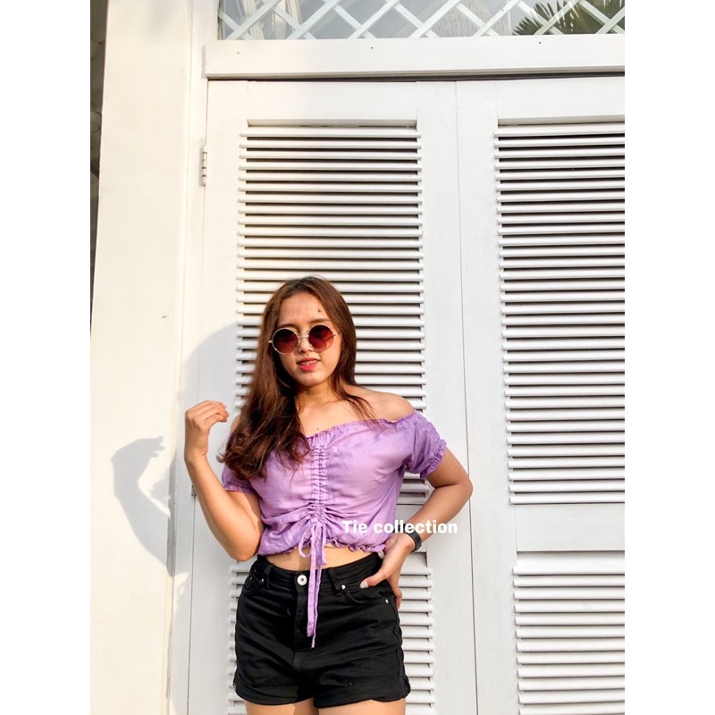 Sabrina crop top lengan pendek sabrina serut atasan lengan pendek