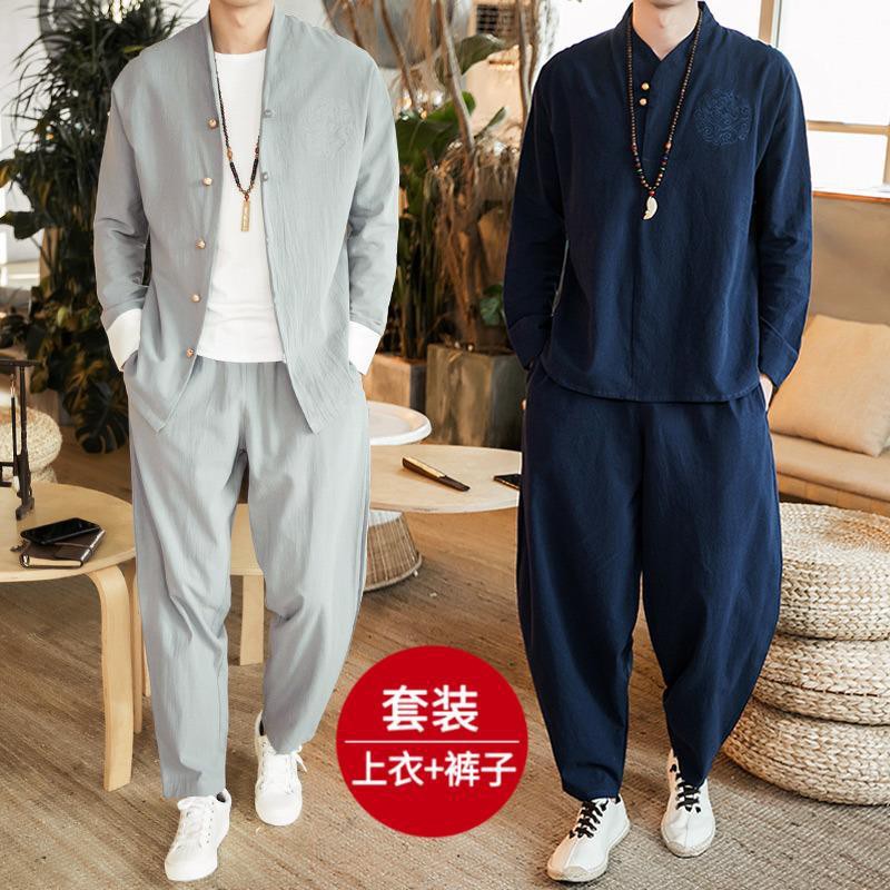 > Linen, setelan katun dan linen gaya Cina, jas Tang, pria pakaian, pemuda, Zen, retro, jubah, Hanf