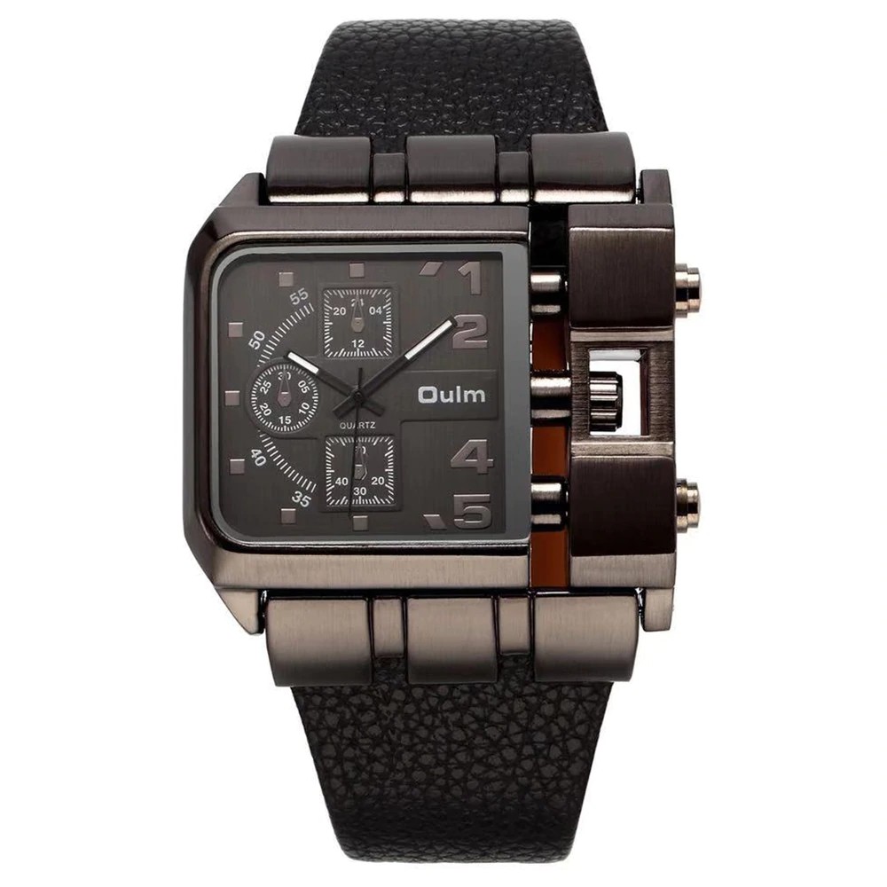 Jam tangan digital pria keren Oulm 3364 Military Quartz Watch Leather Strap Rectangle Dial Famous