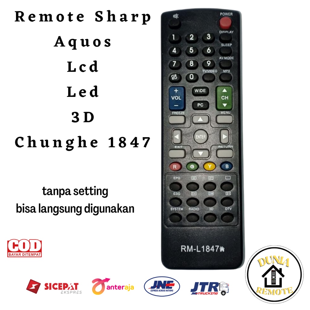 Remote Sharp Aquos LCD LED 3D Chunghe 1847 MULTIFUNGSI tanpa setting