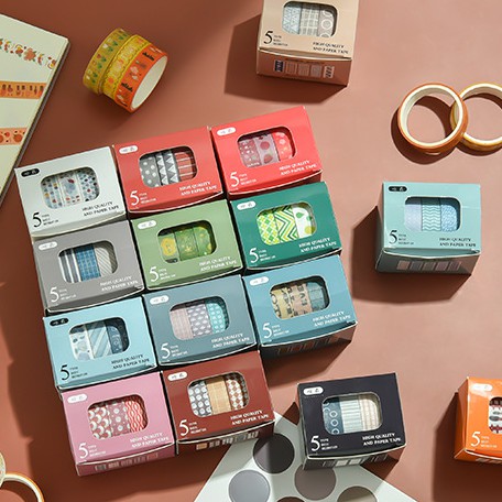 

5 Rolls Selotip Lucu atau Washi Tape Set Basic Pattern untuk DIY Scrapbook Journal
