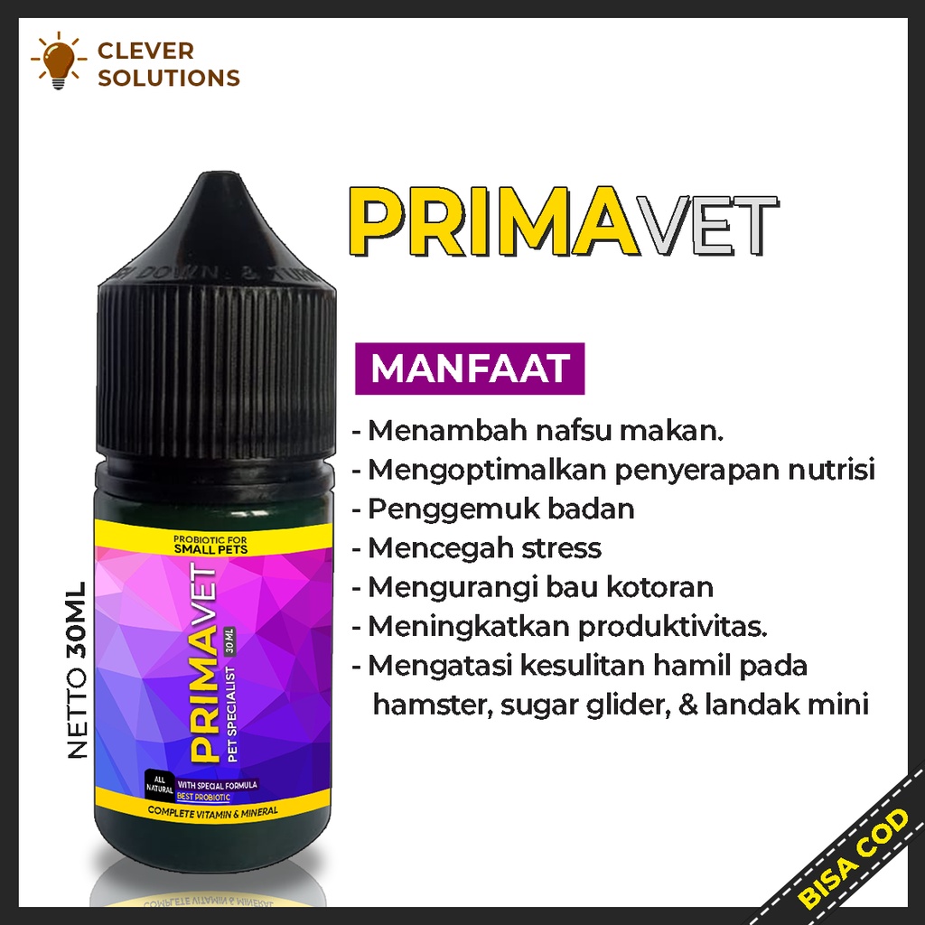 Vitamin Probiotik Hamster Landak Mini Sugar Glider PRIMAVET Penambah Nafsu Makan Imun Pelebat Bulu