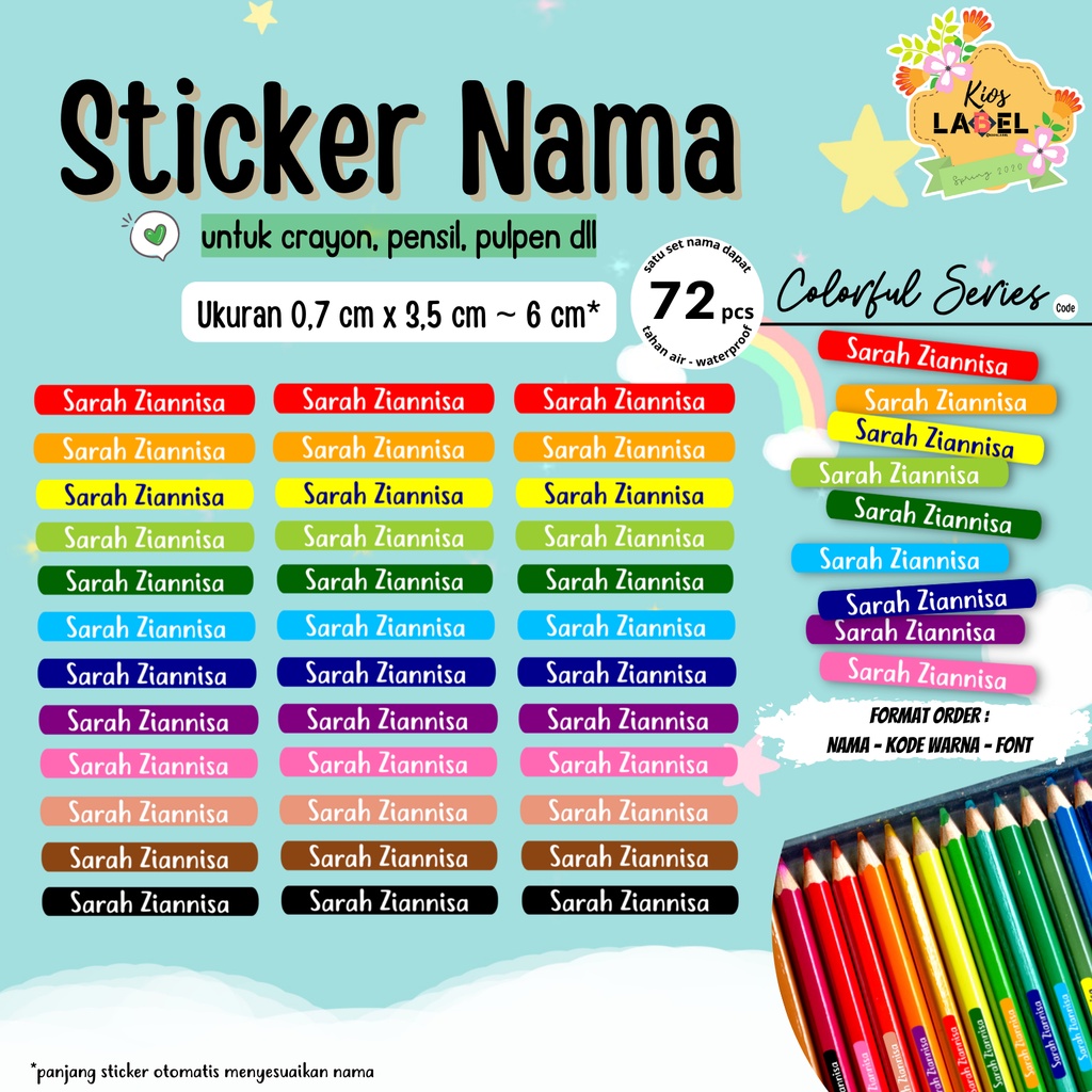 

Stiker Nama Pensil Buku Botol Minum ANTI AIR