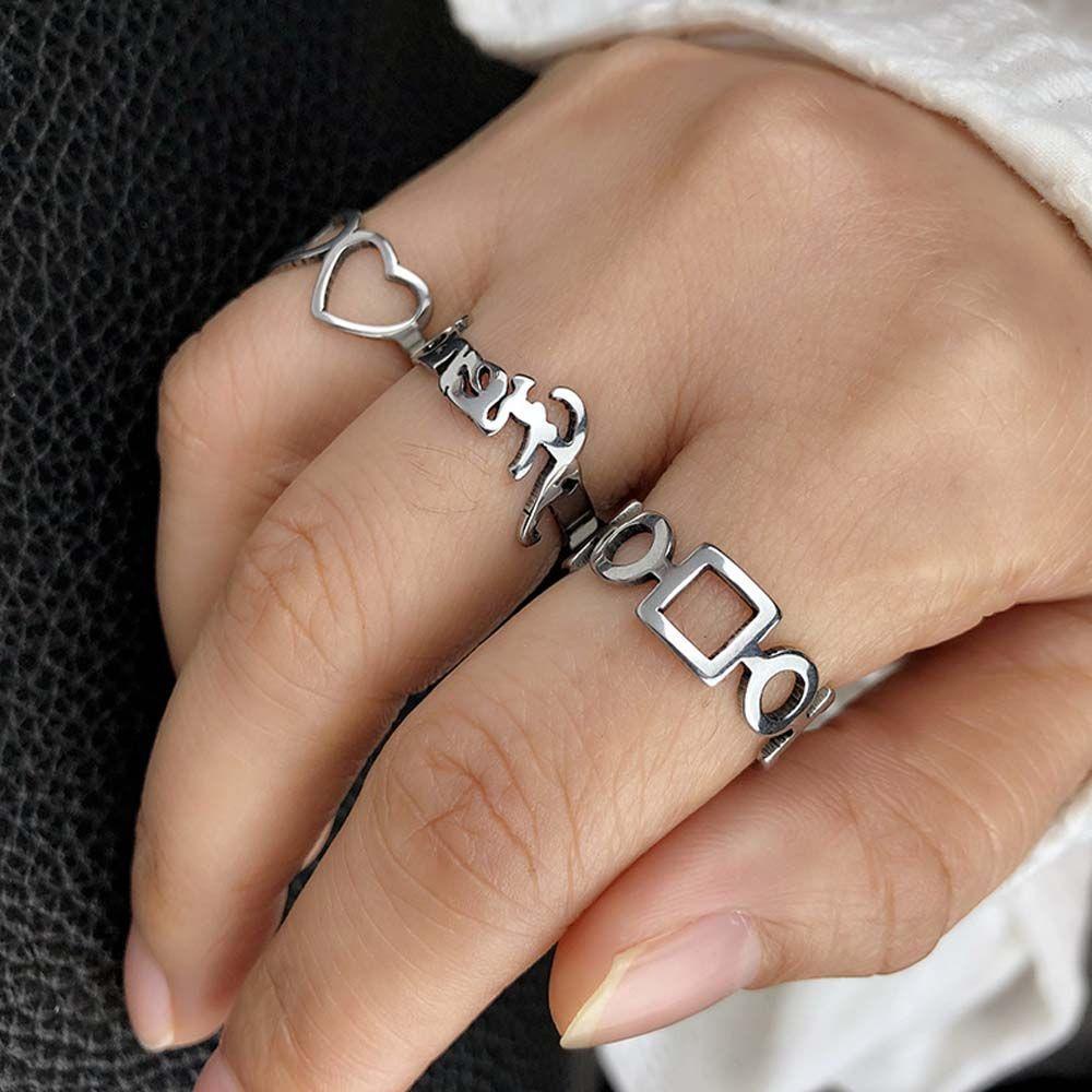 Needway  Set Cincin Geometris Punk Huruf Minoritas Hollow Untuk Unisex Kepribadian Kotak-Kotak Gaya Korea Jari Ring
