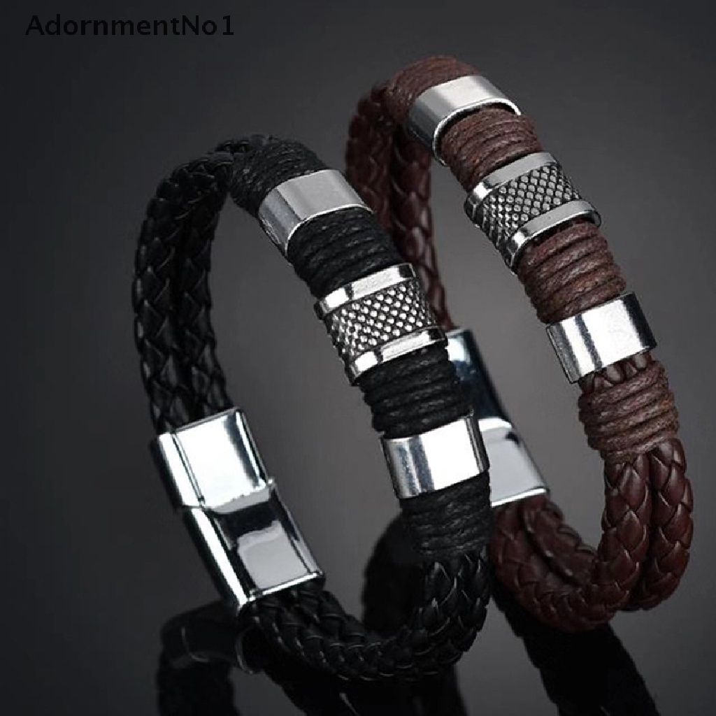 (AdornmentNo1) Gelang Tangan Tali Kulit Asli Multilayer Motif Anyam + Hollow Untuk Pria, Handmade