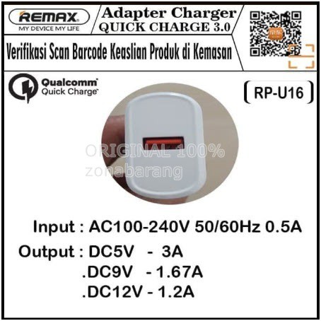 [QC 3.0] Original Remax Charger Quick Charge 3.0A Qualcomm 3.0 Fast Charging 3A RP-U16