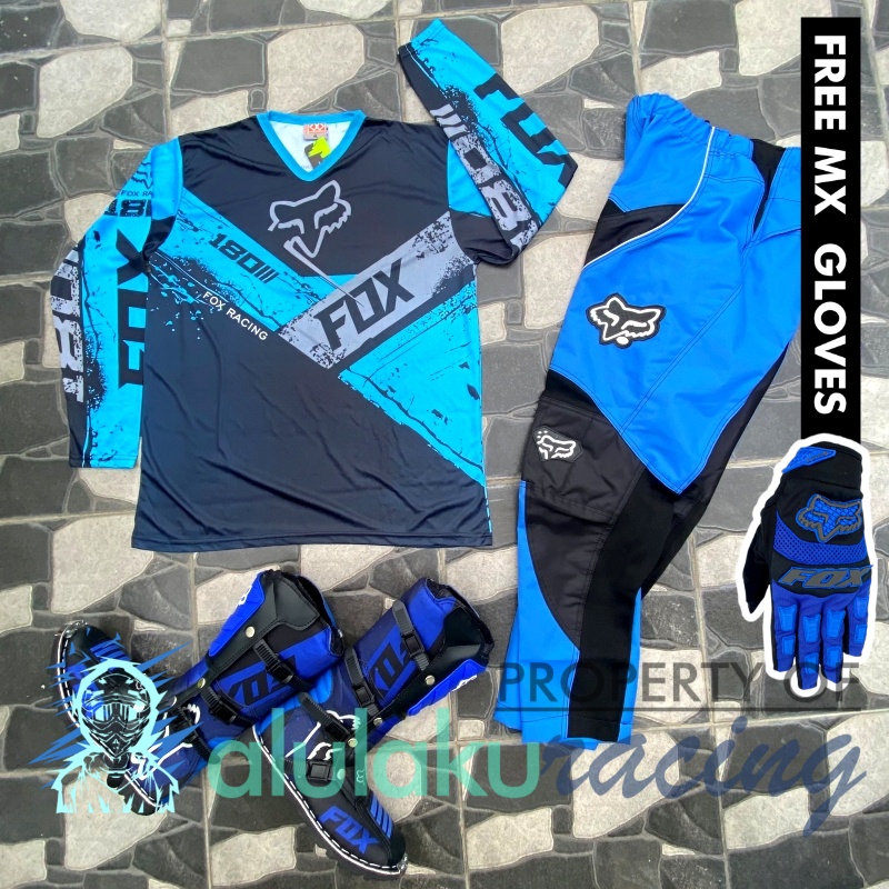 Jersey, Celana, Sarung Tangan &amp; Sepatu Fullprint with Protectors Fullset MX Trail Motocross - Paket Bundling FOCTFG180706-F46