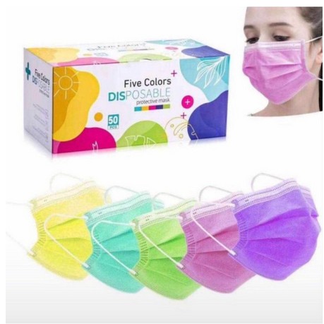 Masker 3ply warna warni disposable face mask masker medis 3 ply 1 Box 50 pcs READY STOK