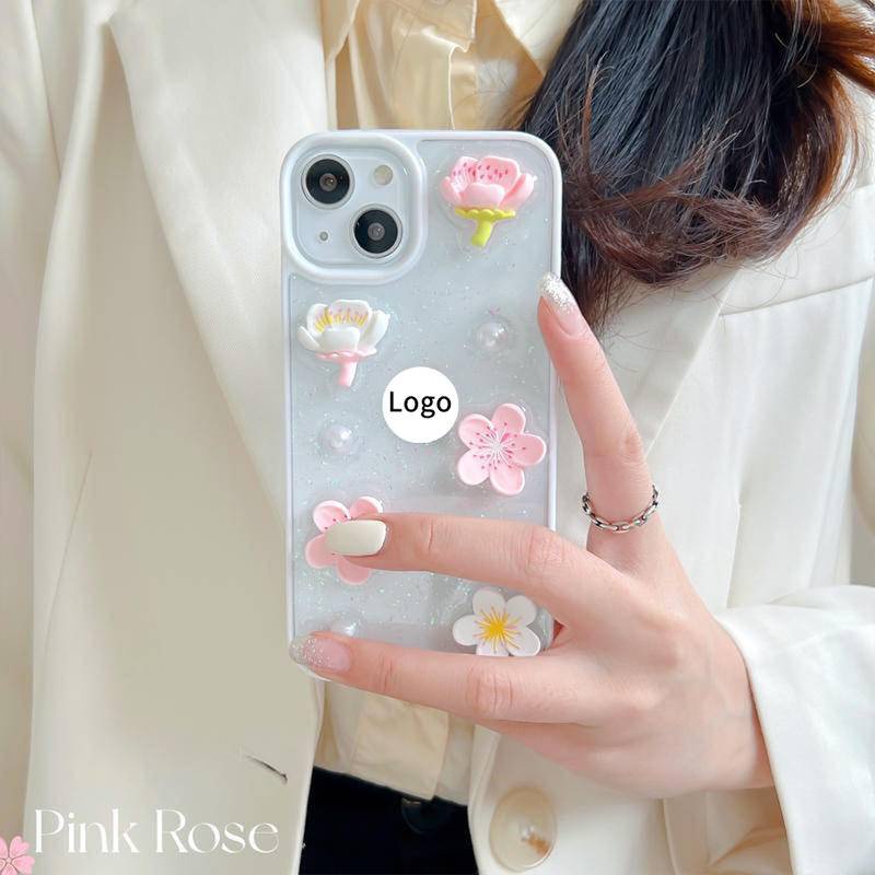 Soft Case Silikon Motif Bunga Sakura 3D Glitter Untuk iPhone 13 12 11 Pro MAX Mini X XS MAX XR SE 2022 2020 7 8 Plus