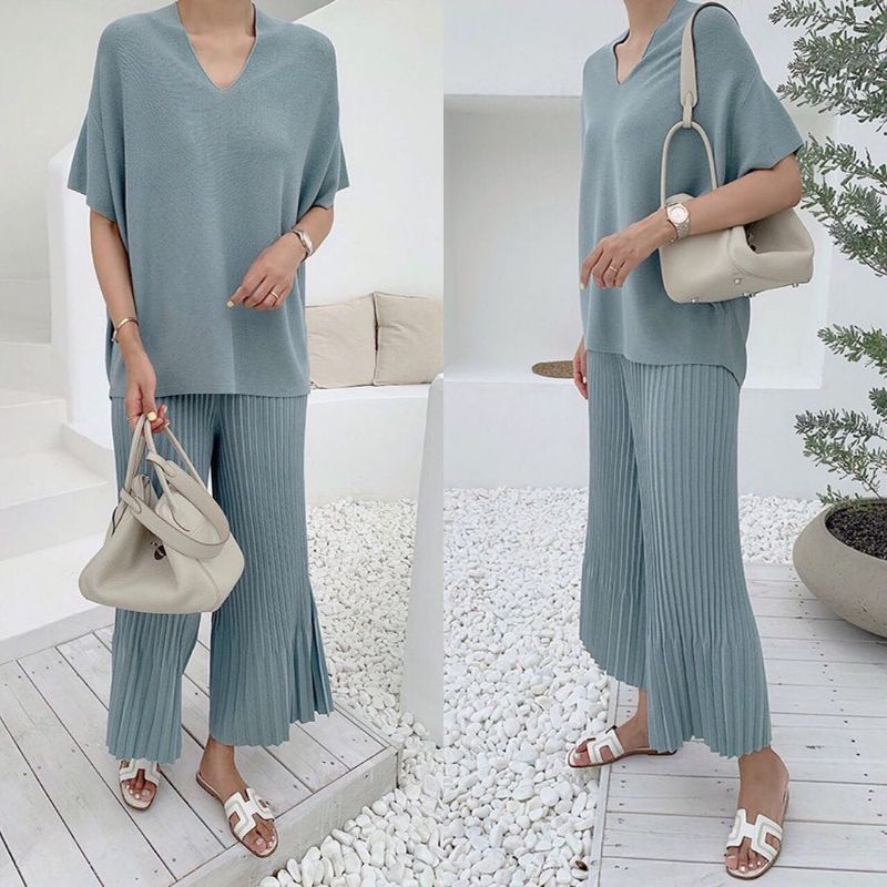 STT6411setelan wanita rajut import celana plisket