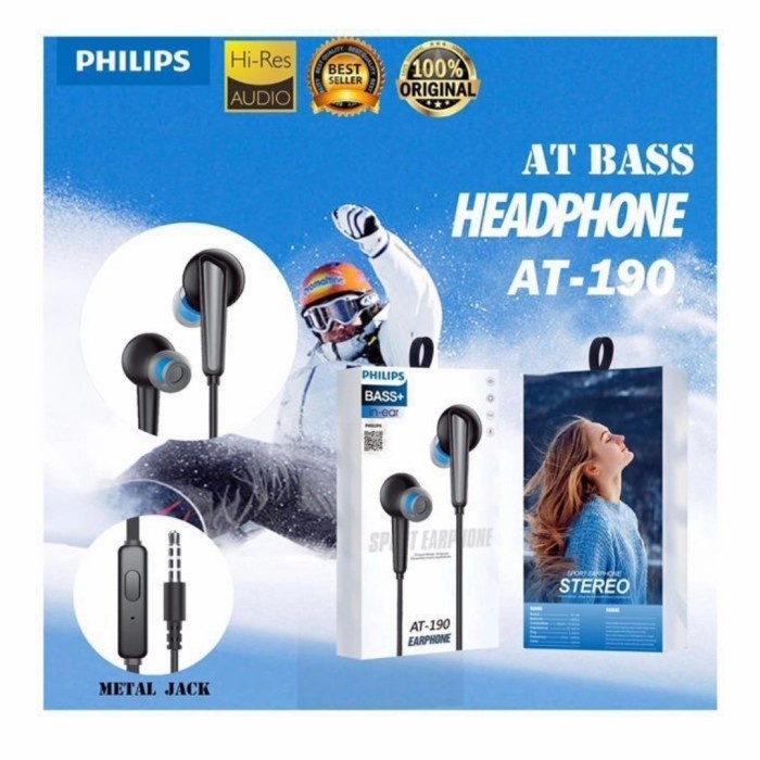 Handsfree Headset Earphone Philips AT-190 Plus Mic Stereo Suara Bagus Grosir