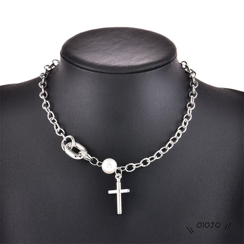 Korea Ins Cross Kalung Mutiara Clavicle Chain Aksesoris Fashion Wanita - ol