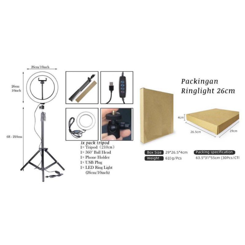 Tripod 2.1M + Ring Light 26cm + Mini Ball