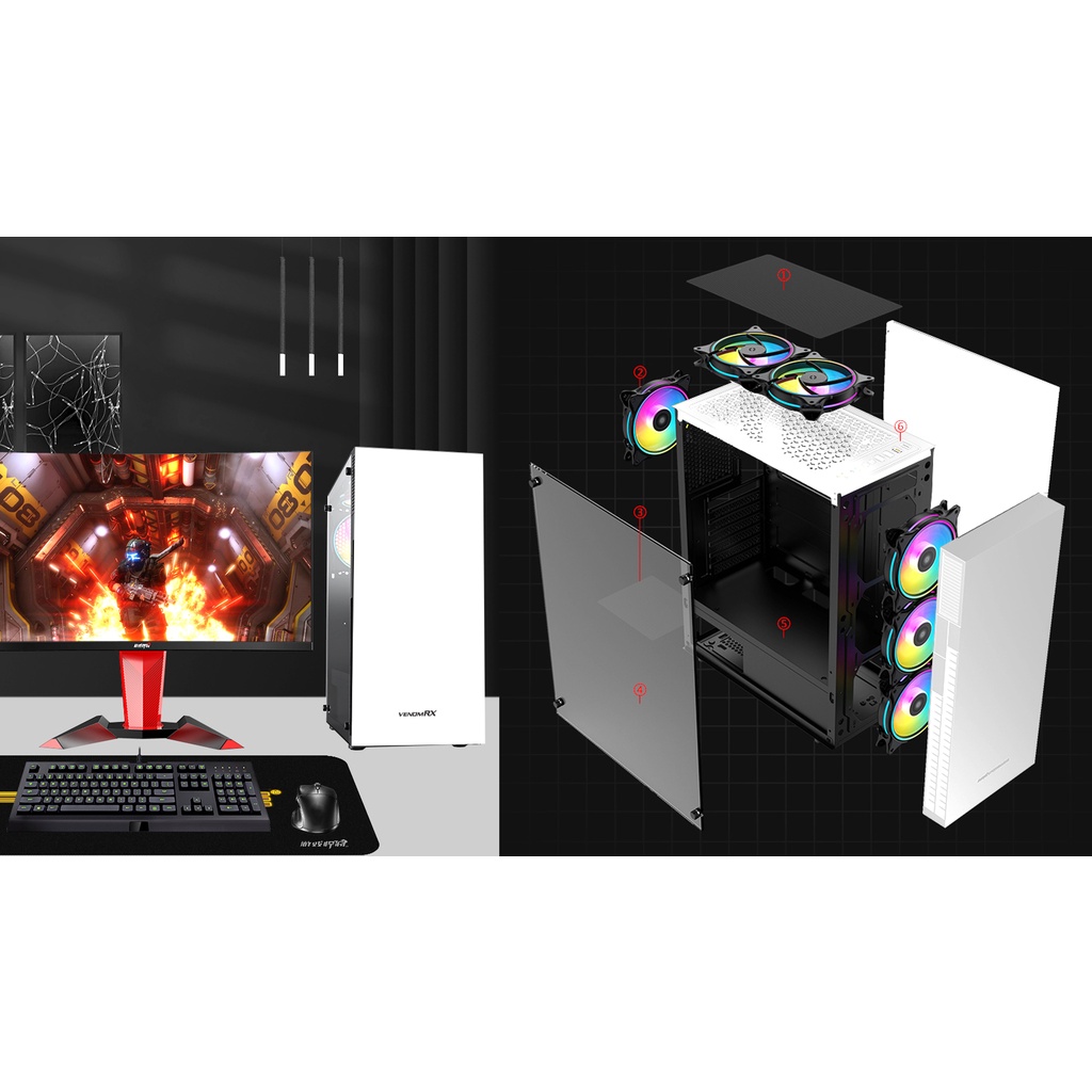 VenomRX Elden White + 3 Fan RGB Casing PC Gaming