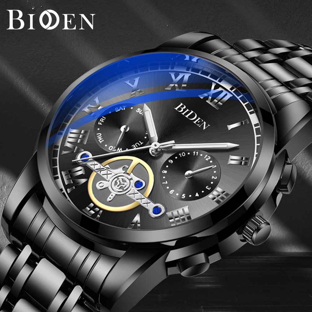 BIDEN Jam Tangan Pria Original Anti Air Mode Bisnis Jam Tangan Pria Murah Bercahaya Tampilan Tali Stainless Steel Jam Tangan