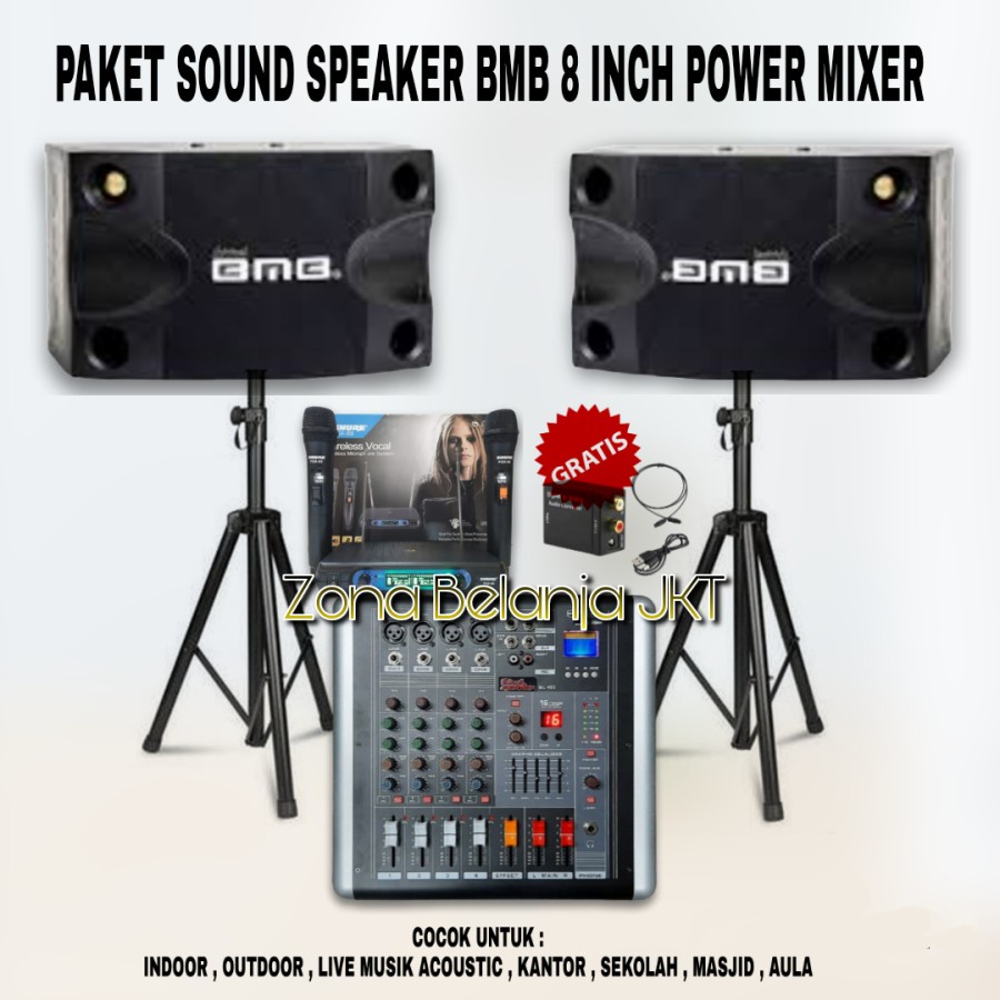 PAKET KARAOKE LIVE MUSIK SOUND SYSTEM BMB SPEAKER 8 INCH POWER MIXER 4 CHANNEL USB BLUETOOTH MIC WIR