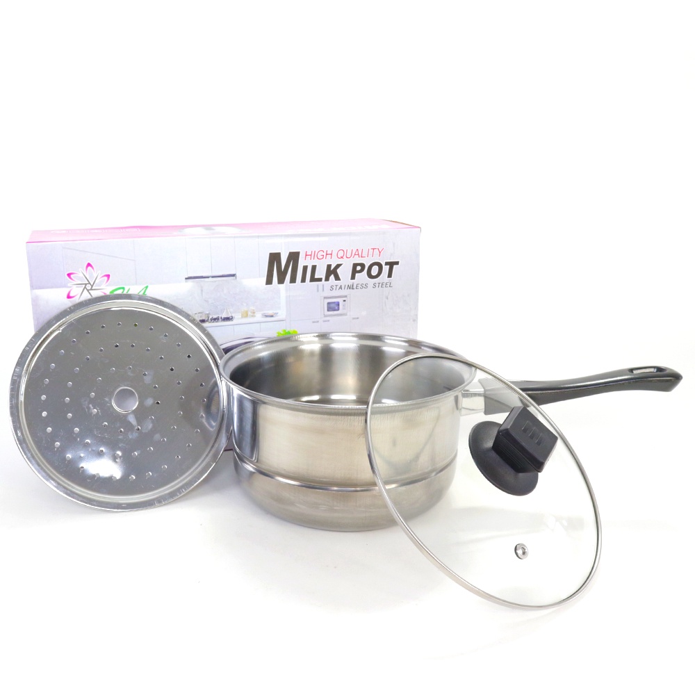 Panci susu Plus Steamer 20 cm Dengan Tutup Kaca Stainless Steel Serbaguna / Paci Kukus / Panci Masak