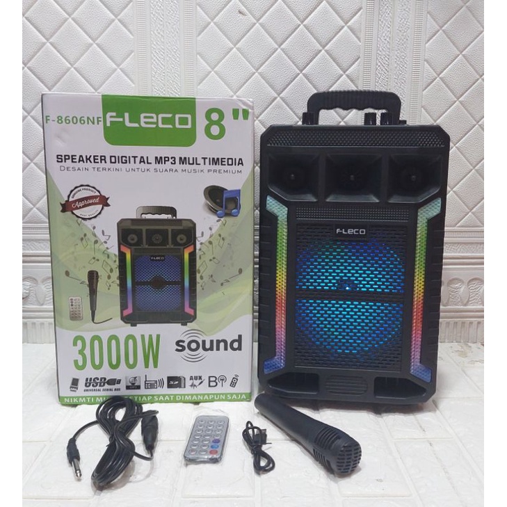 Speaker Bluetooth FLECO F-8606NF uk 8 Inchi Free Mic + Remote/Speaker Karaoke /FM Radio/USB/Memory Card