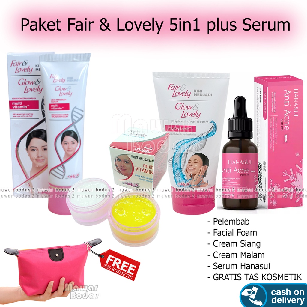Paket 5 in 1 Fair & Lovely Plus Serum - Facial Foam - Pelembab - Cream Siang Malam Fair & Lovely dan