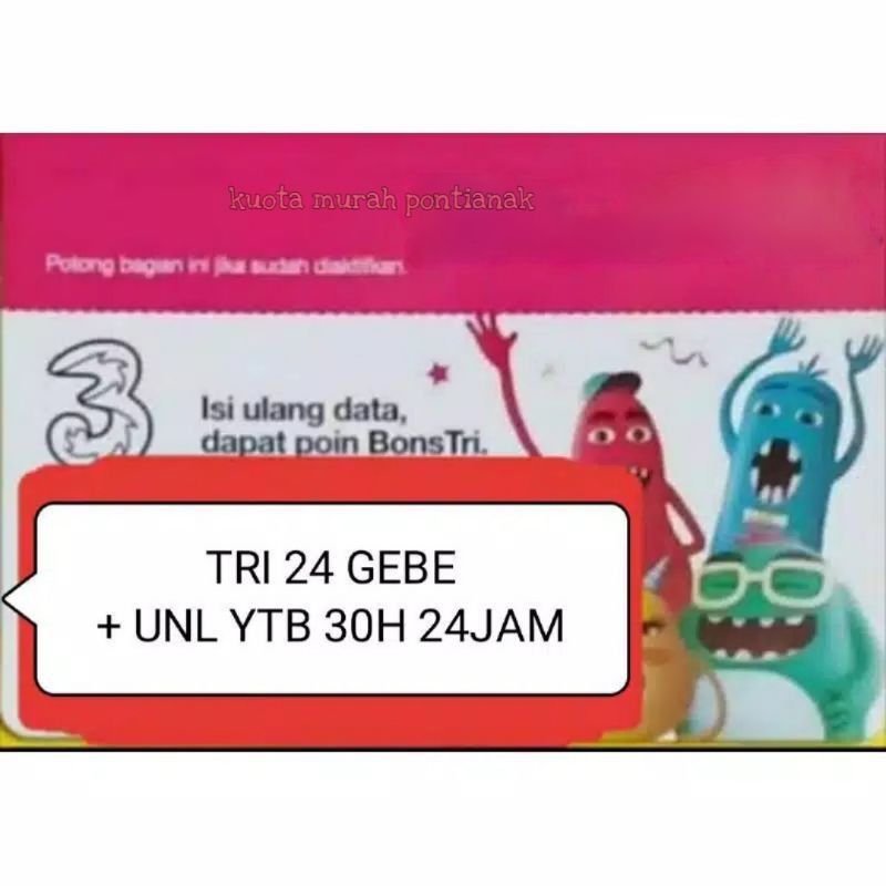 Voucher Tri 24gb Unlimited Youtube 30hari 24jam Vocer Three 24 gb 30 hari 24 jam