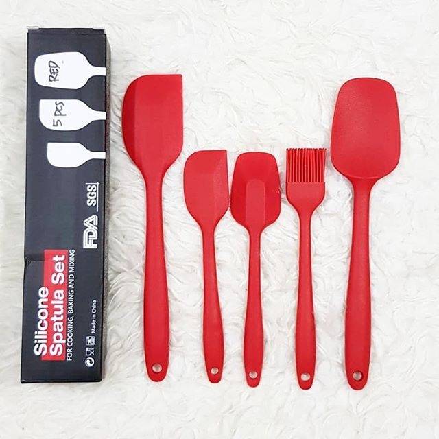 Set spatula isi 5 merah sutil kuas tanpa sambungan tahan panas food grade tebal dan lentur - red