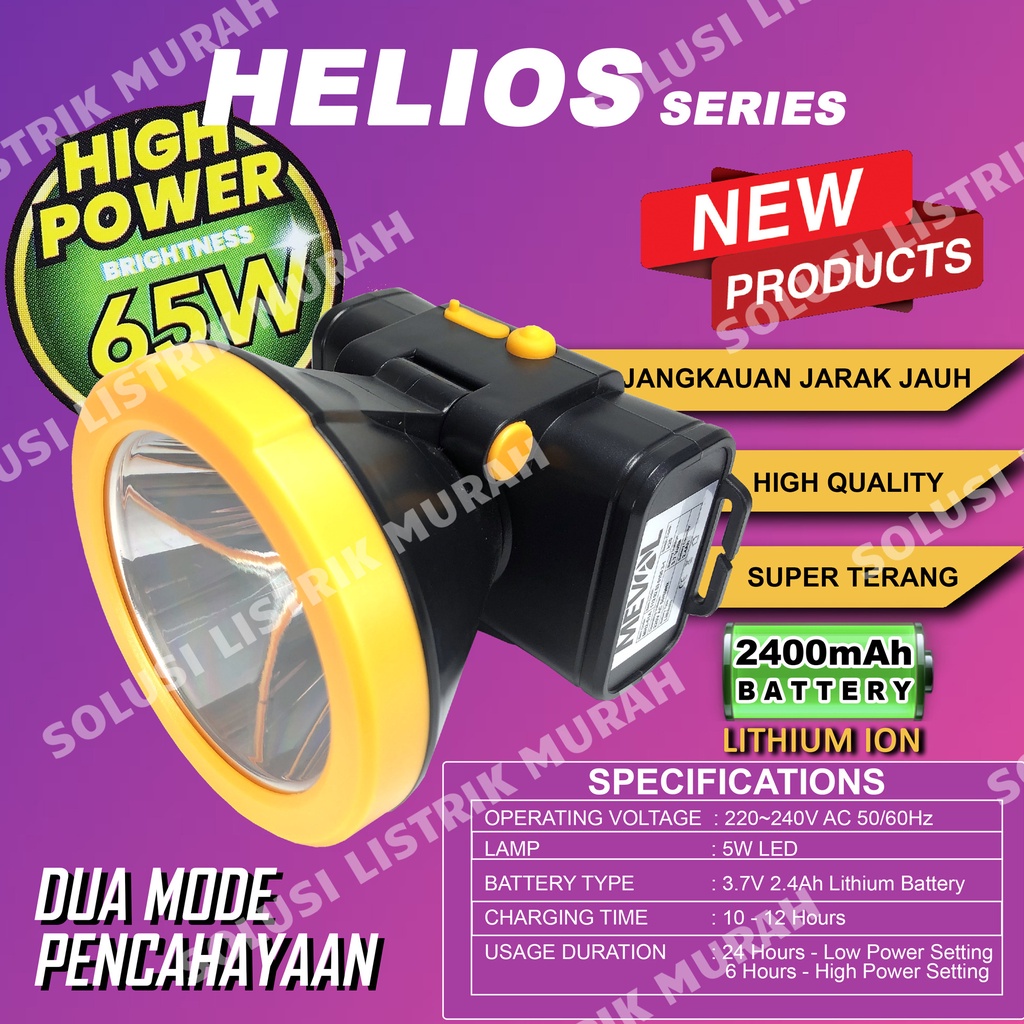 Meval HELIOS Senter Kepala Lithium Sorot Jarak Jauh 65 Watt 40 Watt HEAD LAMP - Putih