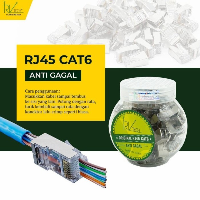 Rj 45 kepala konektor cat 6 (RVTECH). isi 50 pcs. ANTI GAGAL LUBANG TEMBUS