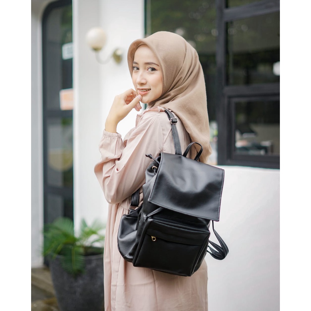 TAS RANSEL KULIT WANITA PHILO OLIVE GREY // taskanvasbdg - Tas Ransel Gendong Wanita / Backpack Ransel Sekolah Kulit Sintetis /  Tas Punggung Cewek Murah Bandung / COD