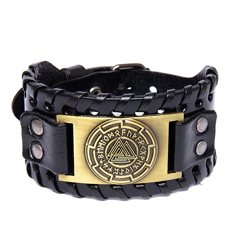 Gelang Tangan Kulit Kepang Aksen Piramida Gaya Vintage Viking Punk Untuk Wanita