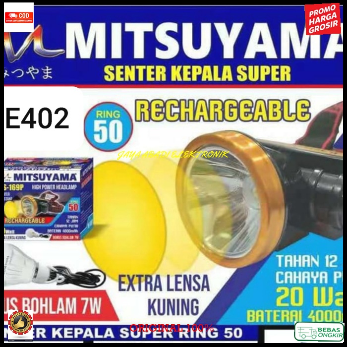 G402 ORIGINAL mitsuyama led lampu senter kepala pala cas casan headlamp head lamp baterai putih