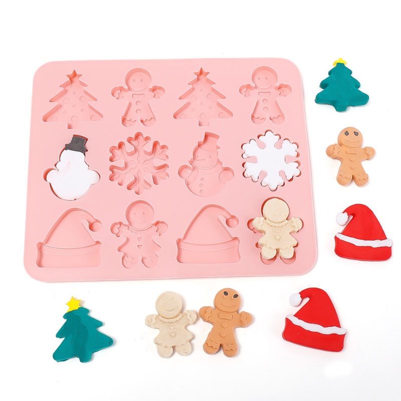 Cetakan Kue / Permen / Cokelat / Pudding / Lilin Bentuk Pohon Natal / Topi / Snowman 3D DIY 12 Grid