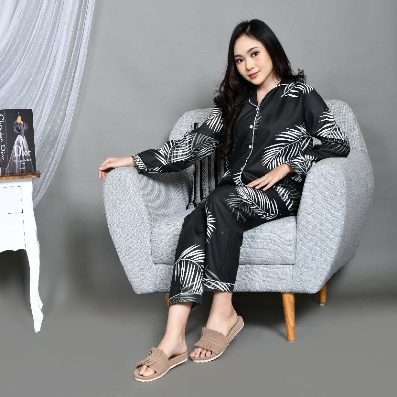 Baju Tidur Piyama Wanita/Cewek Pajamas Dewasa Katun Motif Daun Big Coco PP Lengan Panjang Kekinian