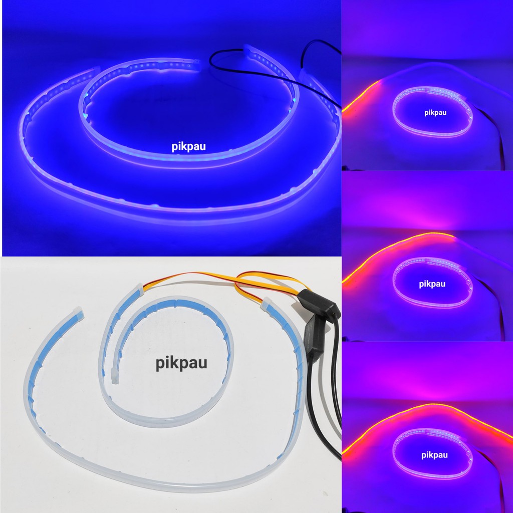 Sepasang Lampu LED Alis Slim DRL Fleksibel 60cm 2 Warna Waterproof Running Motor Mobil Warna Biru