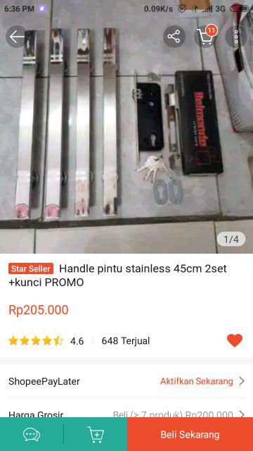 Paket Handle Pintu Stainless Baut Tembus 33cm 2 Set + Kunci Pelor