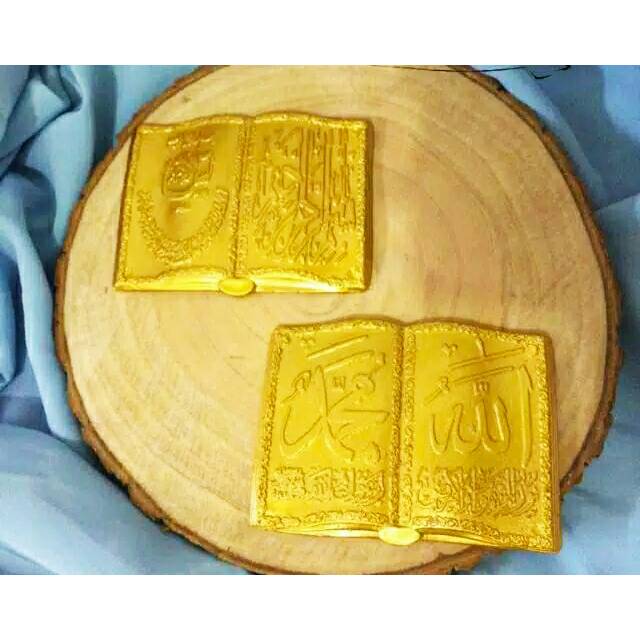 Hiasan mahar resin model buku / kitab dengan lafadz Allah Muhammad Warna gold 3D
