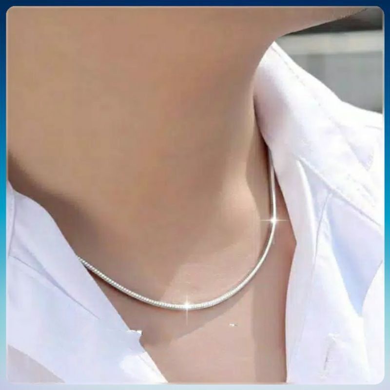 Kalung Titanium Model Bulat Warna Silver Pria dan Wanita