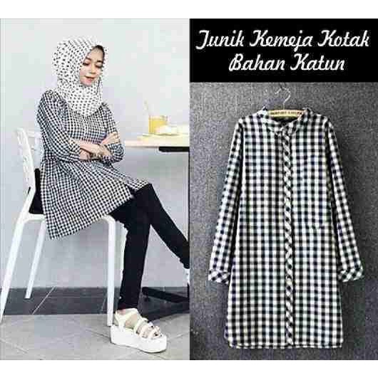 Fashion Muslim Tunik ala ABG Polos Terbaru baju atasan wanita bunny jumbo katun kotak hitam RO X7D2
