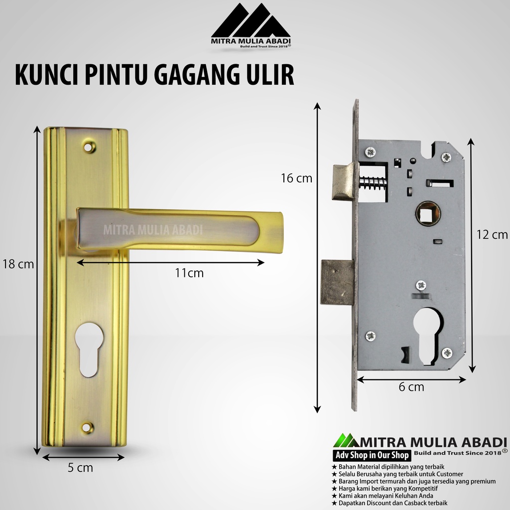 Kunci Pintu  Tanggung Plat Baja/ Gagang  Ulir GoldKunci Pintu Silinder  handle Pintu Rumah