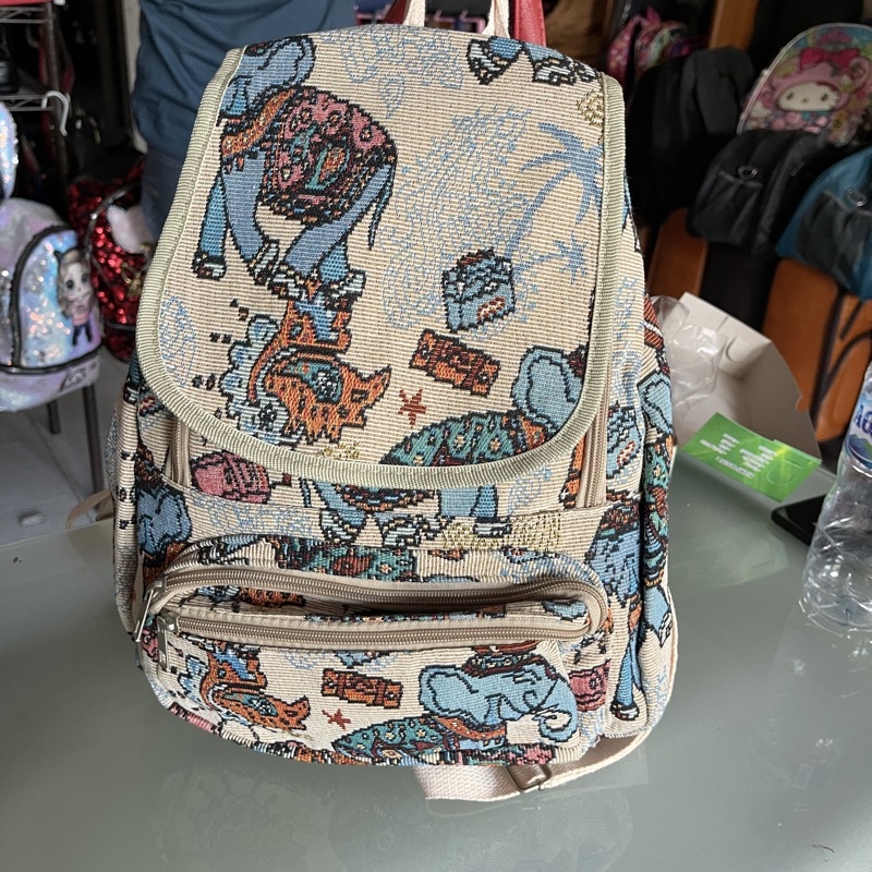 Tas Ransel Wanita Import Motif Thailand Abstrak Tanggulangin Nilon Kanvas Kulit Sintetis