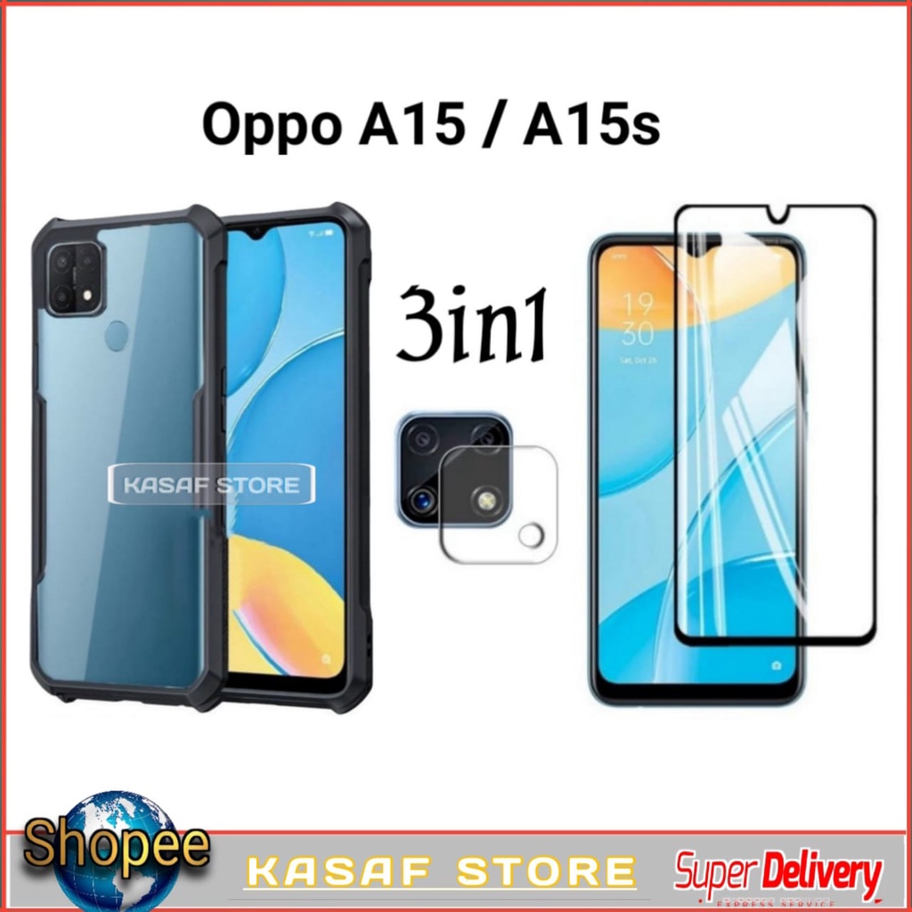 Hardcase Transparant Hp Oppo A15 Oppo A15S Paket 3In1 Case Antigores Kaca Full Layar Tempered Camera