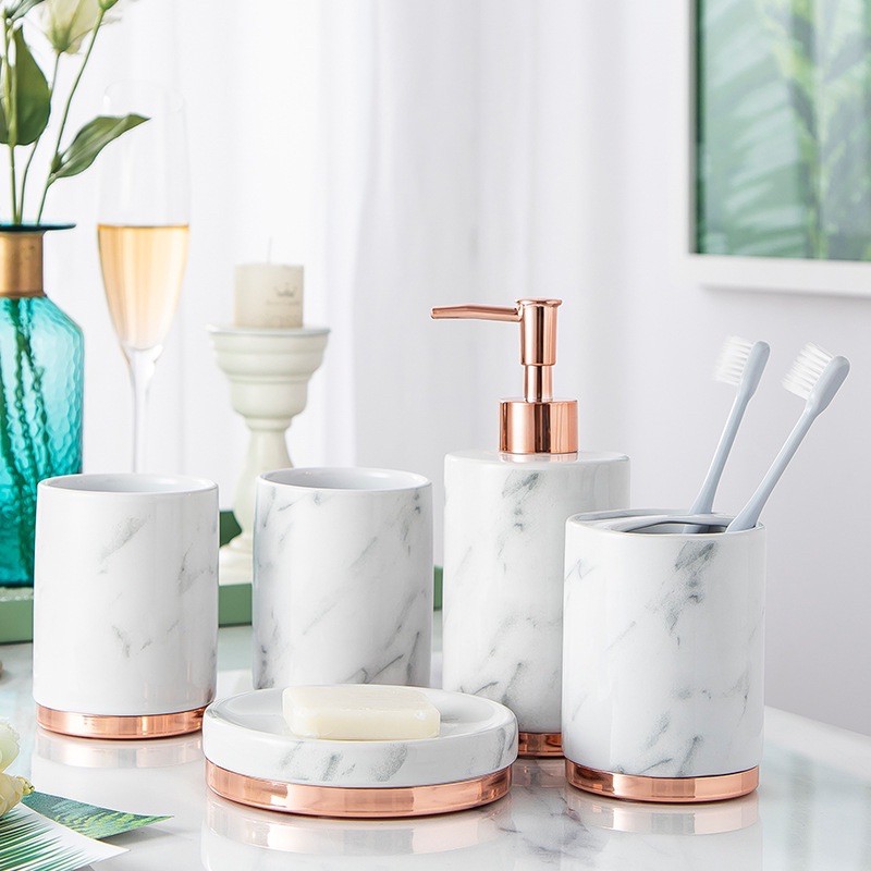 Set Tempat Sabun Keramik Luxury Premium Marble Bathroom Set / Set Botol Sabun Marble botol sabun set