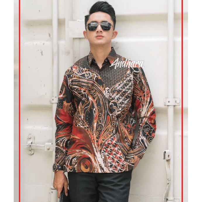 Baju Batik Pria Lengan Panjang Slimfit Kasual Premium Modern ABS MERAH