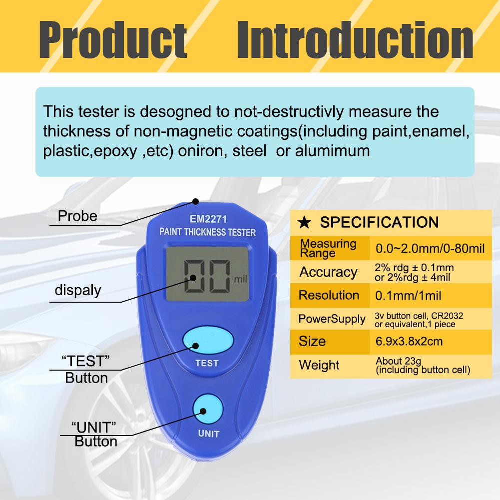 EM2271 Portable Digital Coating Thickness Gauge Car Mini Zinc Paint Thickness Meter Painting Gauge