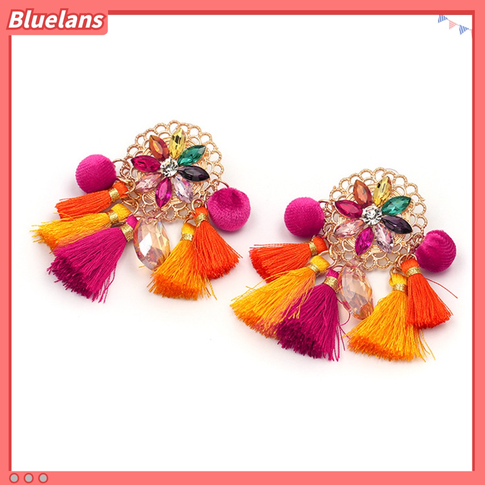 Anting Stud Panjang Rumbai Pompom Berlian Imitasi Gaya Boho Untuk Wanita