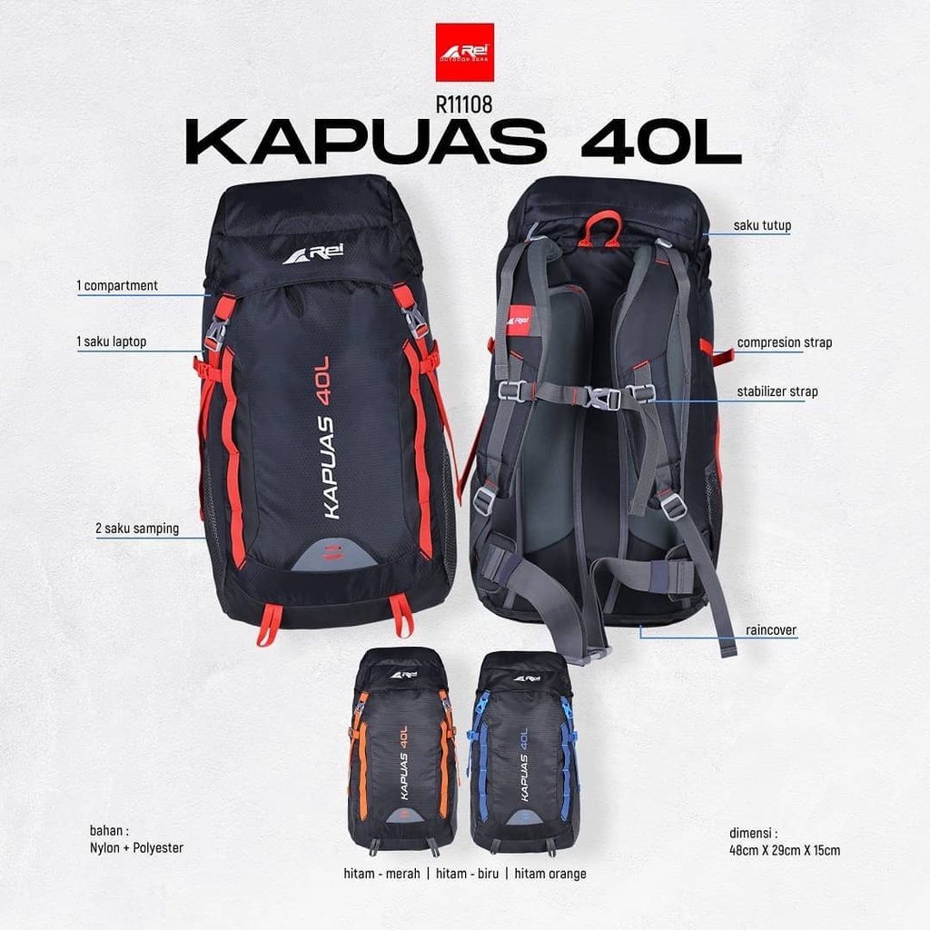 TAS GUNUNG CARRIER ORIGINAL REI AREI KAPUAS 40L + RAINCOVER