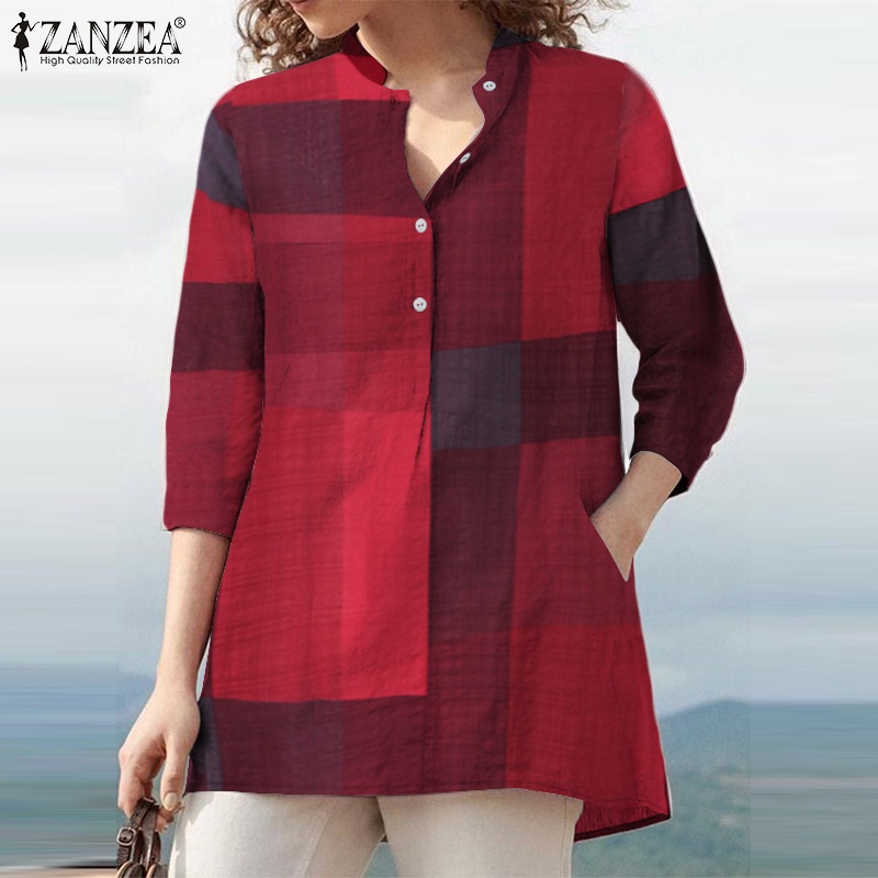 ZANZEA Women Lpng Sleeve Vintage Plaid Printed Loose V-Neck Blouse