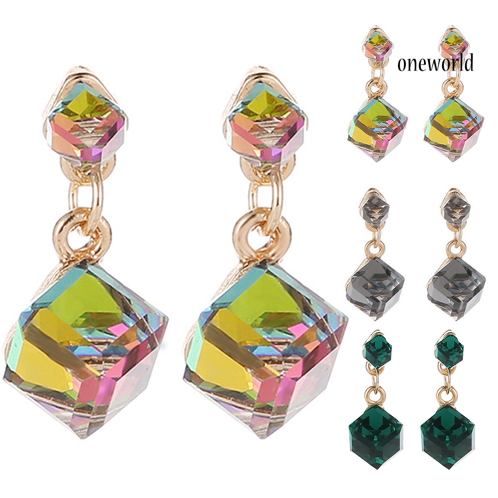 OW@ Women Fashion Geometric Cube Rhinestone Pendant Stud Earrings Party Jewelry