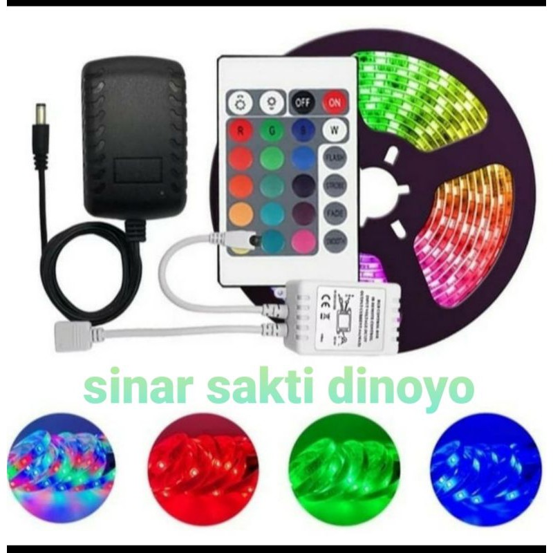 Lampu led strip rgb Remote warna warni ip44 set + adaptor 5m