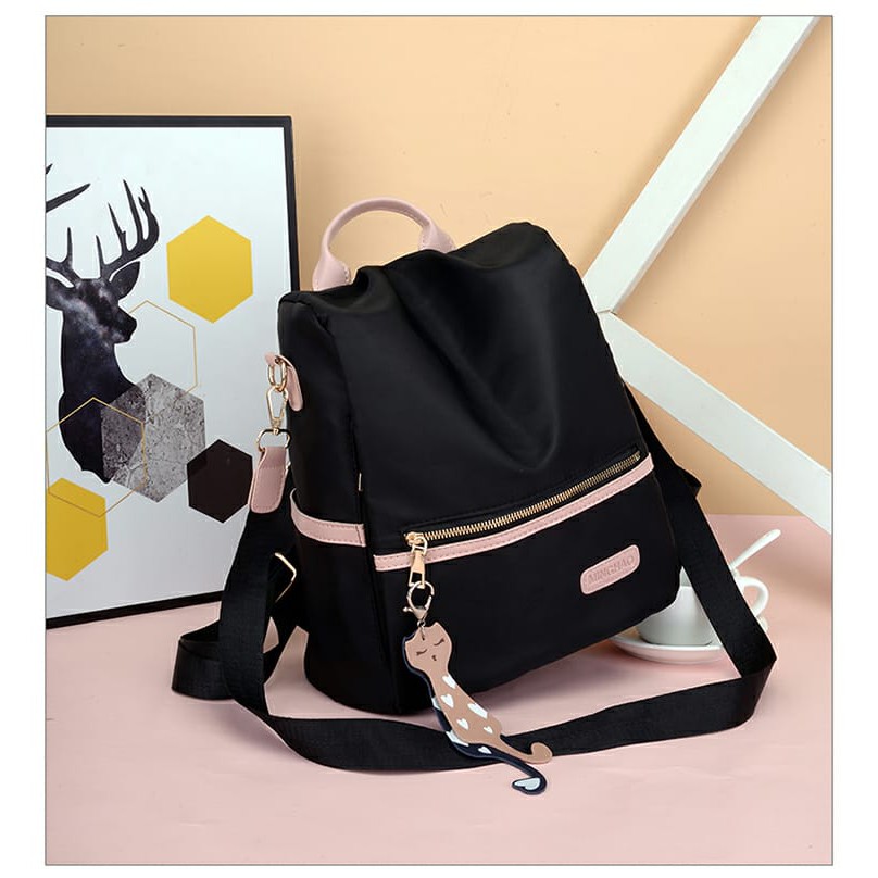 TAS RANSEL ANTI AIR WANITA TA126B5 HITAM PINK MOTIF KUCING STEIN KOREA BACKPACK KULIAH SEKOLAH KERJA