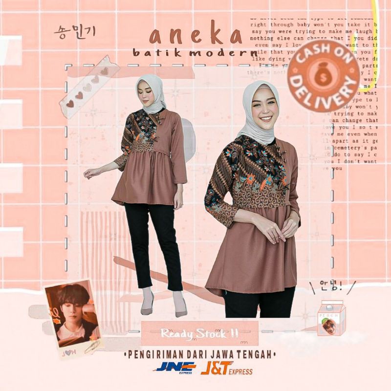 ATASAN BLOUSE BATIK WANITA LENGAN PANJANG WARNA COKLAT KOMBINASI HITAM ORANGE KERJA KANTOR KONDANGAN